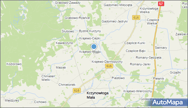 mapa Krajewo Wielkie, Krajewo Wielkie gmina Krzynowłoga Mała na mapie Targeo